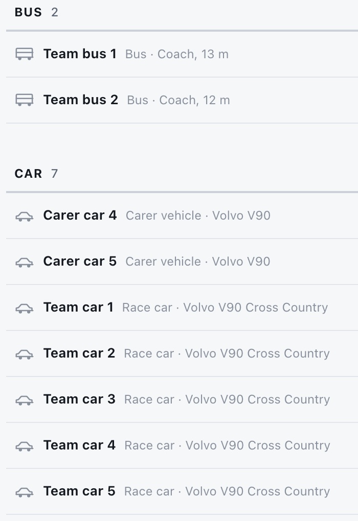 The fleet in Cadence, grouped by class: two team buses, then carer cars and race cars, each with its vehicle type and model.